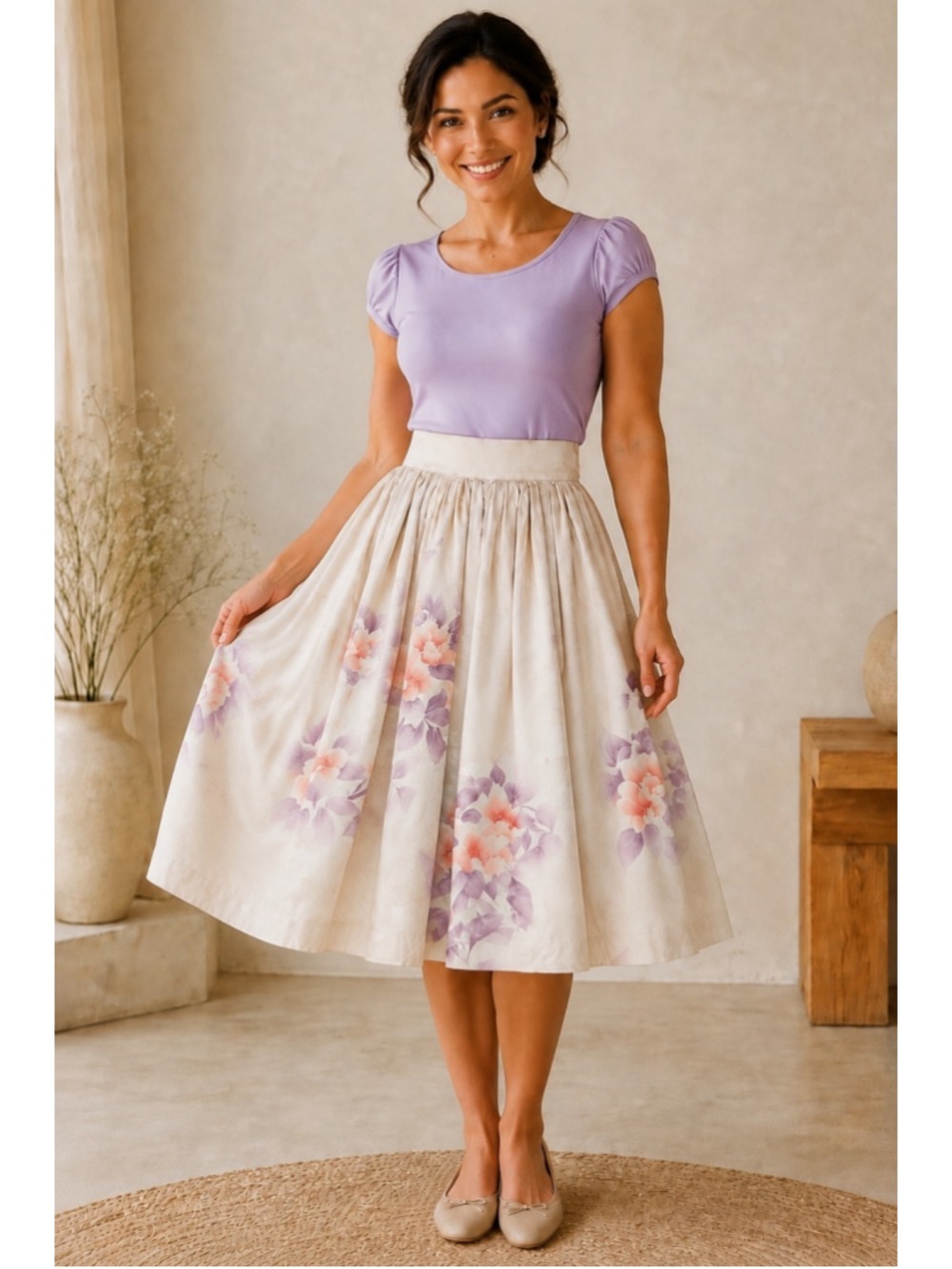 Apriscilla Women’s Beige Floral Pleated Midi Skirt Romantic Cottagecore